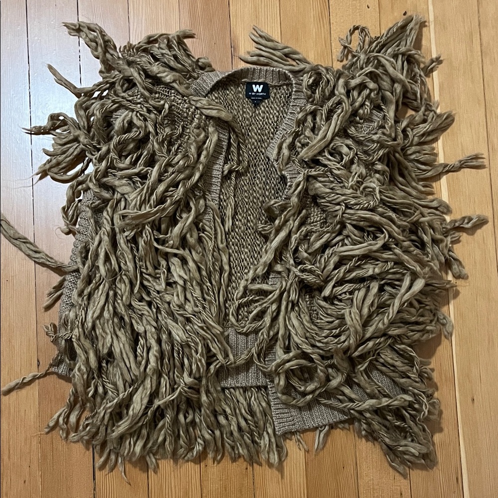 Women’s Taupe colored Shaggy, Chunky Fringe Knit Vest by Worth